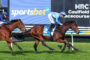 Two jockeys ride galloping horses during a race at Caulfield, with a large blue 'sportsbet' sign in the background.