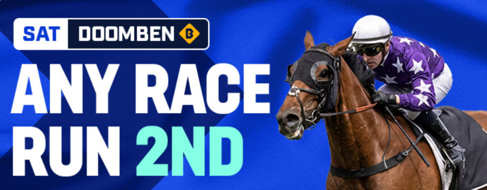 ANY race at Doomben | Just Horse Racing Promotional banner: jockey in purple stars racing a brown horse, with bold text 'ANY RACE RUN 2ND' and the SAT DOOMBEN logo in the top left.