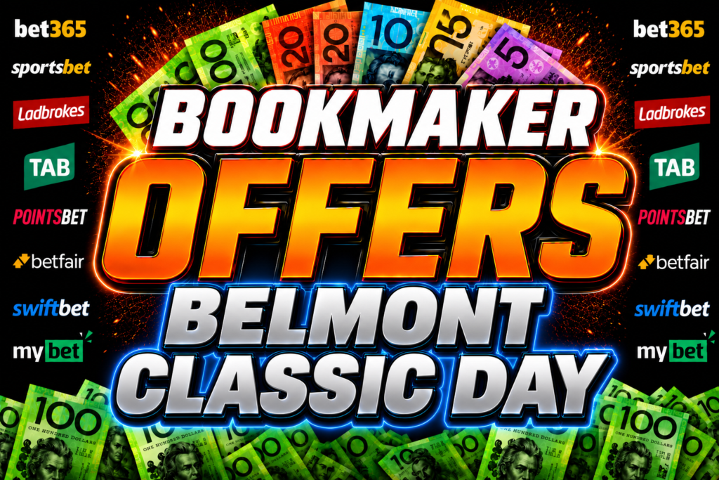 Bold neon banner advertising bookmaker offers with large 'BOOKMAKER OFFERS' and 'BELMONT CLASSIC DAY' text amid colorful money graphics and sponsor logos on the sides.