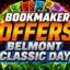 Bold neon banner advertising bookmaker offers with large 'BOOKMAKER OFFERS' and 'BELMONT CLASSIC DAY' text amid colorful money graphics and sponsor logos on the sides.
