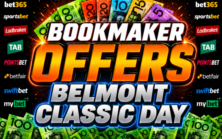 Bold neon banner advertising bookmaker offers with large 'BOOKMAKER OFFERS' and 'BELMONT CLASSIC DAY' text amid colorful money graphics and sponsor logos on the sides.
