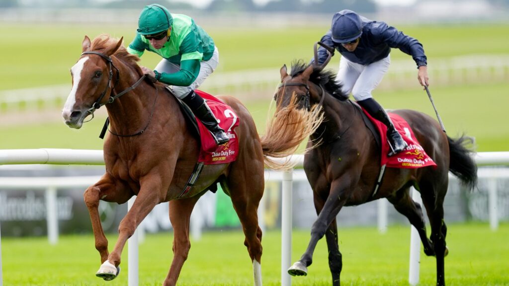 Benvenuto Cellini | Just Horse Racing Two jockeys on racing horses leap the rails on a grassy track; green and blue silks, red saddlecloths visible.