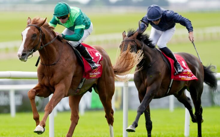 Two jockeys on racing horses leap the rails on a grassy track; green and blue silks, red saddlecloths visible.