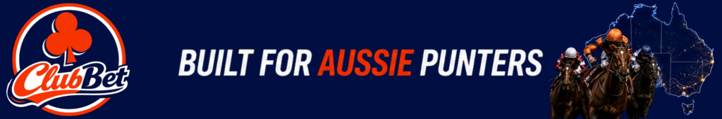 ClubBet logo on the left with the slogan 'Built for Aussie Punters' across a dark blue banner, featuring racing horses and a glowing map of Australia on the right.