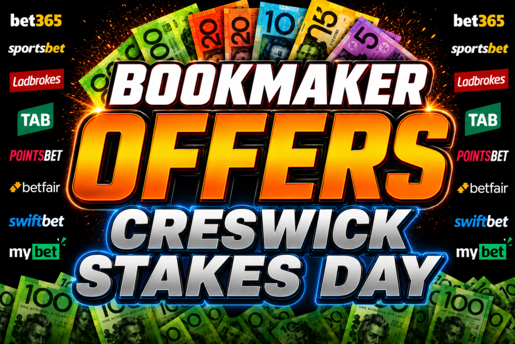 Creswick Stakes day at Flemington Races Betting Sites:Apps Offers, Free Promo Codes and Bonuses | Just Horse Racing Bold promo banner for bookmaker offers with large 3D text, surrounding betting logos and scattered cash imagery.