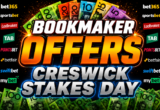 Bold promo banner for bookmaker offers with large 3D text, surrounding betting logos and scattered cash imagery.