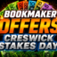 Bold promo banner for bookmaker offers with large 3D text, surrounding betting logos and scattered cash imagery.
