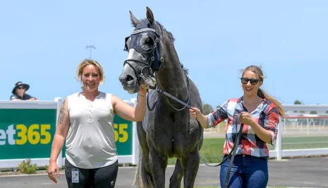Two smiling women walk a gray horse on a lead at a sunny racetrack, with a betting sign in the background.
