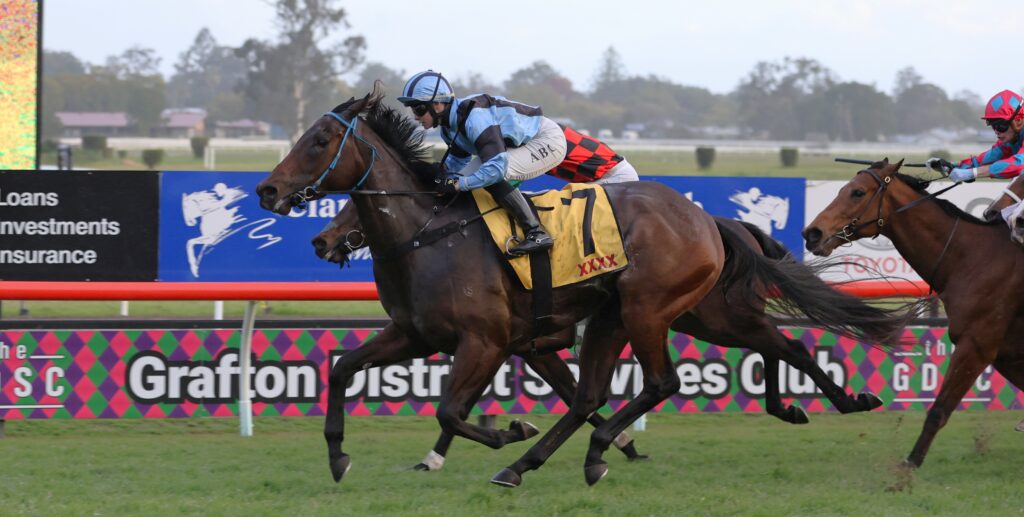 A jockey in blue-and-white silks rides a dark horse leading a race on a grassy track with colorful advertising hoardings in the background, closely followed by rivals.