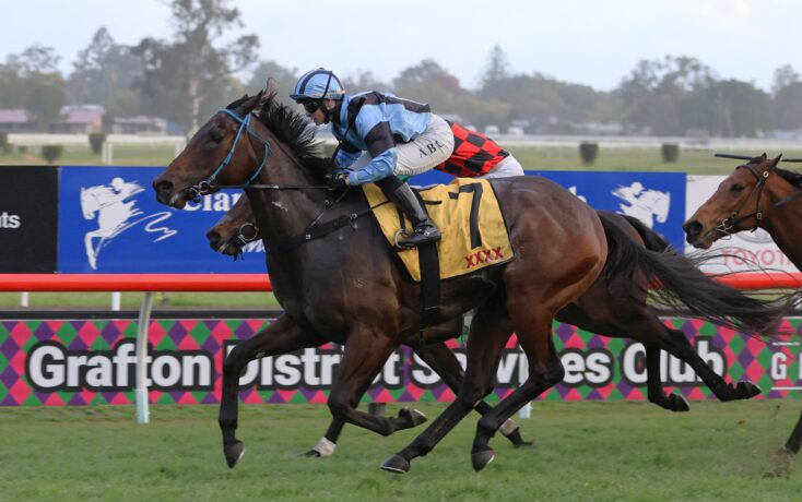 A jockey in blue-and-white silks rides a dark horse leading a race on a grassy track with colorful advertising hoardings in the background, closely followed by rivals.