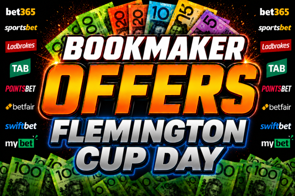 Flemington Cup day at Flemington Races Betting Sites:Apps Offers, Free Promo Codes and Bonuses | Just Horse Racing Promotional banner advertising bookmaker offers for Flemington Cup Day, with bold 'OFFERS' and 'FLEMINGTON CUP DAY' and multiple betting logos around.