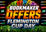Promotional banner advertising bookmaker offers for Flemington Cup Day, with bold 'OFFERS' and 'FLEMINGTON CUP DAY' and multiple betting logos around.