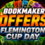 Promotional banner advertising bookmaker offers for Flemington Cup Day, with bold 'OFFERS' and 'FLEMINGTON CUP DAY' and multiple betting logos around.