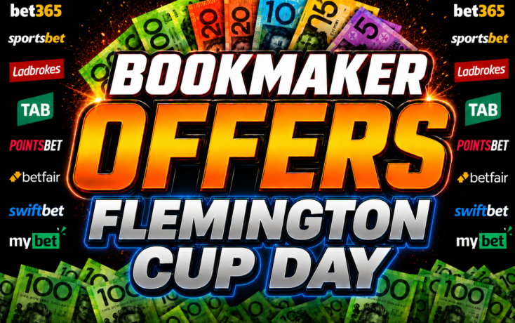 Promotional banner advertising bookmaker offers for Flemington Cup Day, with bold 'OFFERS' and 'FLEMINGTON CUP DAY' and multiple betting logos around.