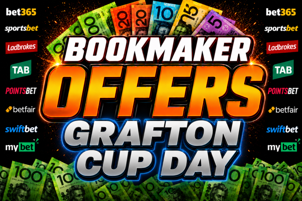Promotional banner announcing 'Bookmaker Offers Cup Day' with bold text and cash imagery around sponsor logos.