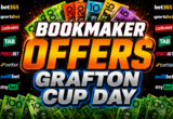 Promotional banner announcing 'Bookmaker Offers Cup Day' with bold text and cash imagery around sponsor logos.