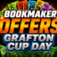 Promotional banner announcing 'Bookmaker Offers Cup Day' with bold text and cash imagery around sponsor logos.