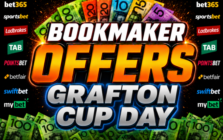 Promotional banner announcing 'Bookmaker Offers Cup Day' with bold text and cash imagery around sponsor logos.