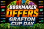 Promotional banner announcing 'Bookmaker Offers Cup Day' with bold text and cash imagery around sponsor logos.