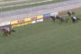 Horse race on a grassy track; lead horse in blue silks is just ahead of the pack near the finish, with advertising boards along the rail behind them.