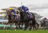 Jockeys in colorful silks race horses on a track, mid-jump with a stadium backdrop behind them, during a horse race.