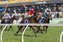 Jockeys and horses racing on a green turf track with a crowd in the background and 'J.R. Fleming Stand' signage visible in the stands.