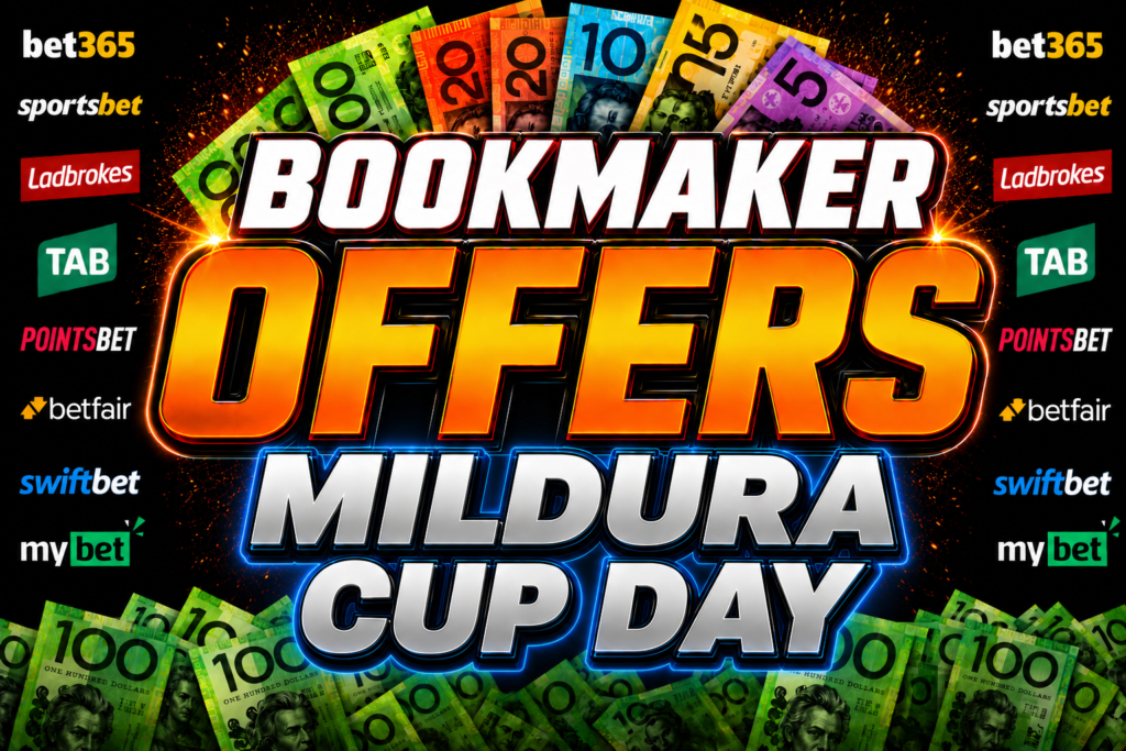 Bright betting promo banner advertising 'BOOKMAKER OFFERS' with cash imagery and sponsor logos around the edges.