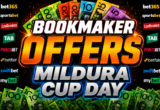 Bright betting promo banner advertising 'BOOKMAKER OFFERS' with cash imagery and sponsor logos around the edges.