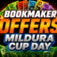 Bright betting promo banner advertising 'BOOKMAKER OFFERS' with cash imagery and sponsor logos around the edges.