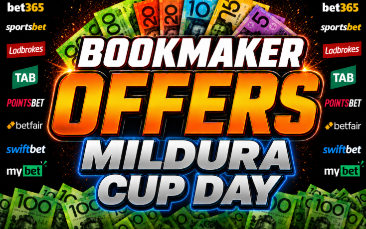 Bright betting promo banner advertising 'BOOKMAKER OFFERS' with cash imagery and sponsor logos around the edges.