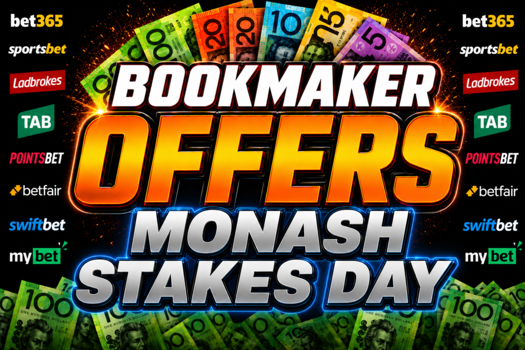 Monash Stakes at Caulfield Races Betting Sites:Apps Offers, Free Promo Codes and Bonuses | Just Horse Racing Promotional banner for bookmaker offers on Monash Stakes Day with cash-colored text and sponsor logos around the edges (bet365, Ladbrokes, TAB, Swiftbet, etc.)