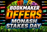 Promotional banner for bookmaker offers on Monash Stakes Day with cash-colored text and sponsor logos around the edges (bet365, Ladbrokes, TAB, Swiftbet, etc.)