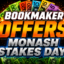 Promotional banner for bookmaker offers on Monash Stakes Day with cash-colored text and sponsor logos around the edges (bet365, Ladbrokes, TAB, Swiftbet, etc.)
