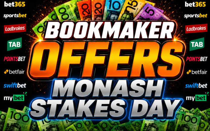 Promotional banner for bookmaker offers on Monash Stakes Day with cash-colored text and sponsor logos around the edges (bet365, Ladbrokes, TAB, Swiftbet, etc.)