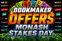 Promotional banner for bookmaker offers on Monash Stakes Day with cash-colored text and sponsor logos around the edges (bet365, Ladbrokes, TAB, Swiftbet, etc.)