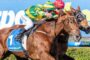 Two jockeys in green-yellow and red silks ride brown racehorses neck-and-neck on a sunny track, with a blue 'sportsbet' saddlecloth visible.