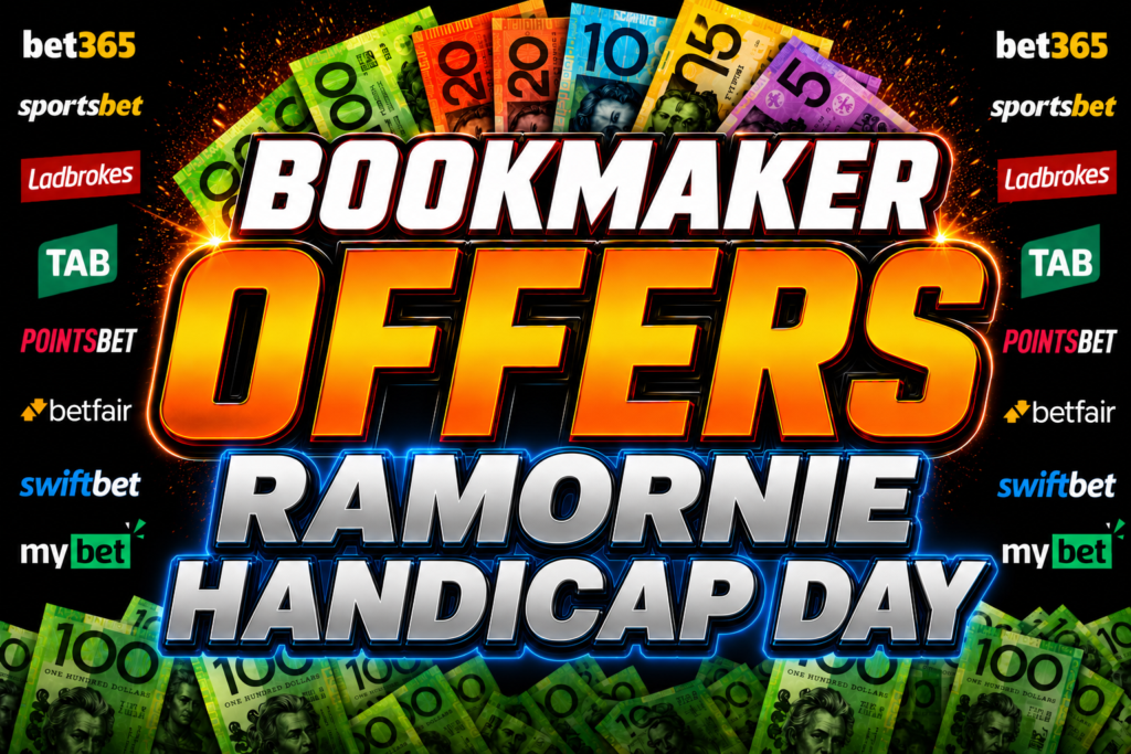 Promotional banner for bookmaker offers on Handicap Day with bold 'BOOKMAKER OFFERS' and 'HANDICAP DAY' text and surrounding sponsor logos.