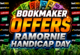Promotional banner for bookmaker offers on Handicap Day with bold 'BOOKMAKER OFFERS' and 'HANDICAP DAY' text and surrounding sponsor logos.