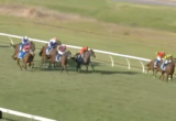 Group of jockeys riding horses in a race on a grassy track, turning a bend, with colorful silks.