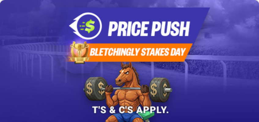 Banner for Price Push Bletchingly Stakes Day with a muscular horse lifting a barbell, trophy icon, and T's & C's Apply text