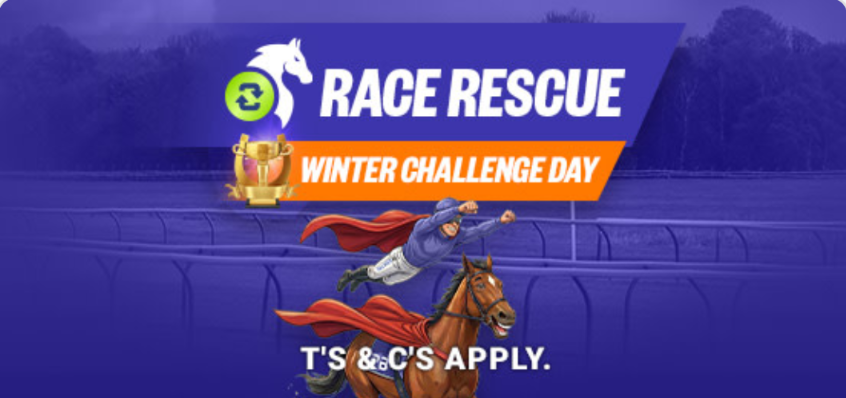 SAT RACING RACE RESCUE | Just Horse Racing Banner for Race Rescue: Winter Challenge Day featuring a horse and rider with a red cape, trophy, and 'T's & C's apply' text.