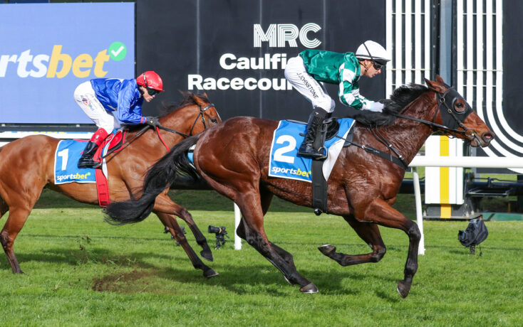 Two jockeys in blue and green silks race their horses on a grass track at Caulfield Racecourse, with a large sponsor banner in the background.