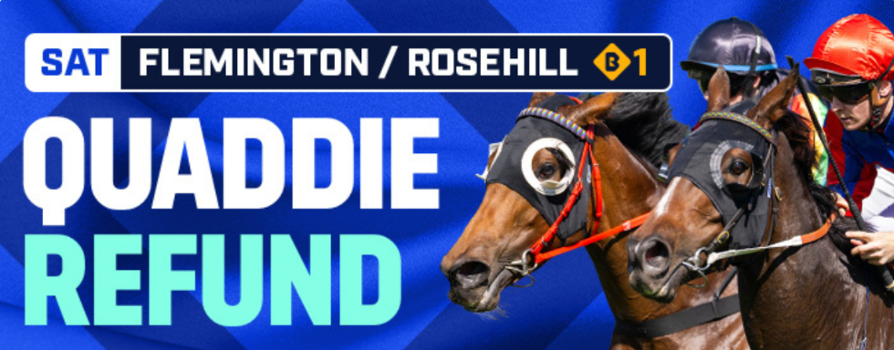 Saturday Quaddie Bet Back | Just Horse Racing Banner advertising QuadΒdie Refund with two racing horses and jockeys on a blue geometric background; top reads SAT FLEMINGTON/ROSEHILL B1.