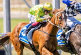 Two jockeys race neck-and-neck on galloping horses, leaning forward in colorful silks during a sunny horse race sunlit track filled with blur of the trackside.