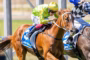 Two jockeys race neck-and-neck on galloping horses, leaning forward in colorful silks during a sunny horse race sunlit track filled with blur of the trackside.