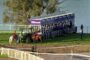 Horses and jockeys in starting stalls at a riverside racecourse, with a tractor nearby and a spectator watching.