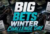 Dynamic banner for a betting event with racehorses in action and bold text 'BIG BETS WINTER CHALLENGE DAY' amid money and betting slips.