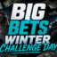 Dynamic banner for a betting event with racehorses in action and bold text 'BIG BETS WINTER CHALLENGE DAY' amid money and betting slips.