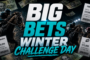Dynamic banner for a betting event with racehorses in action and bold text 'BIG BETS WINTER CHALLENGE DAY' amid money and betting slips.