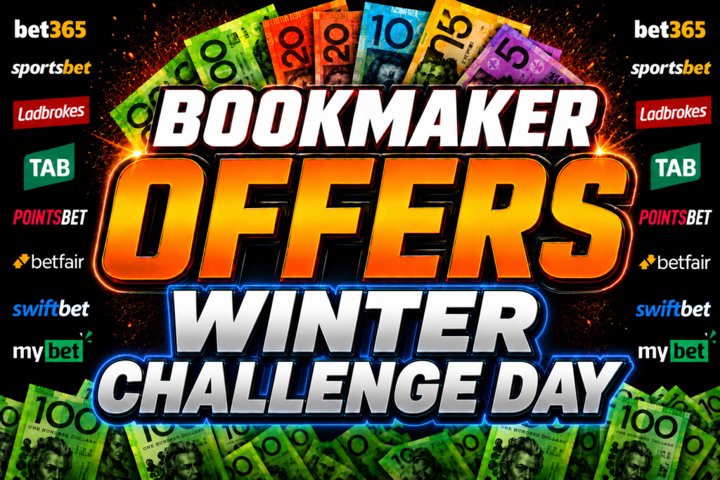 Winter Challenge day at Rosehill Races Betting Sites:Apps Offers, Free Promo Codes and Bonuses | Just Horse Racing Promotional banner for Bookmaker Offers Winter Challenge Day with bold white 'BOOKMAKER' text and orange 'OFFERS' surrounded by colorful money graphics and betting logos.